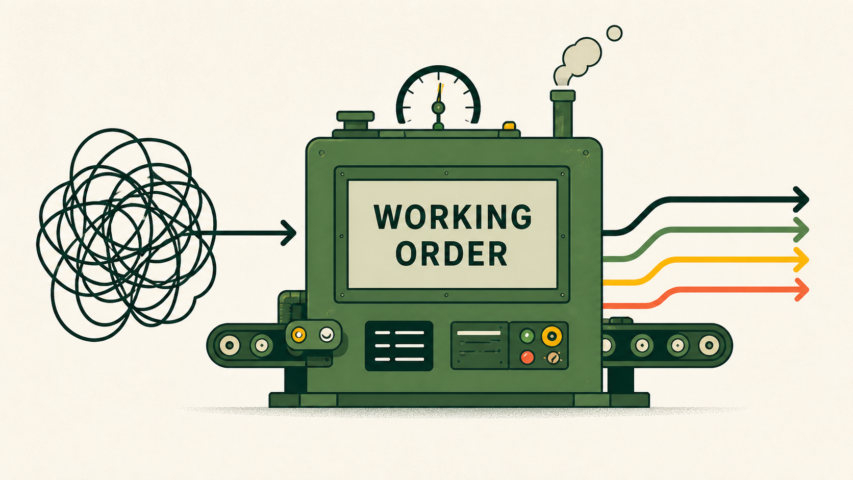 An illustrated Working Order machine turning a tangled workflow into four clear paths